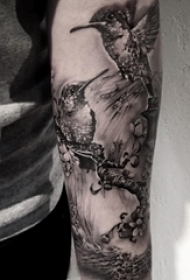 男生手臂上黑灰点刺植物大树和小鸟纹身图片