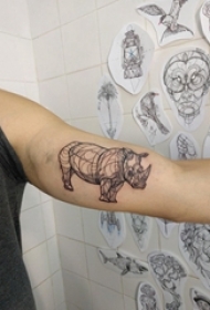 女生手臂上黑色线条创意犀牛动物纹身图片