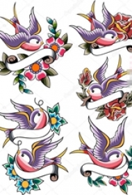 漂亮的彩色的小动物纹身鸟和花朵纹身手稿