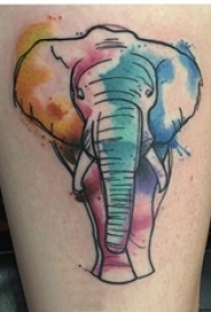 男生大腿上彩绘渐变抽象线条小动物大象纹身图片