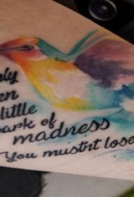 男生小腿上彩绘泼墨英文和小动物鸟纹身图片