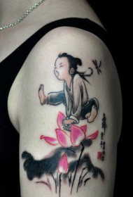 手臂唯美中国风水墨莲花小孩纹身图案