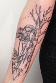 女生手臂上黑灰素描点刺技巧创意文艺花朵和树枝纹身图片