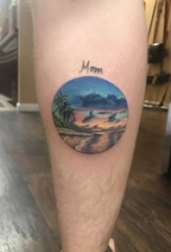 大海风景纹身男生小腿上彩色的大海风景纹身图片