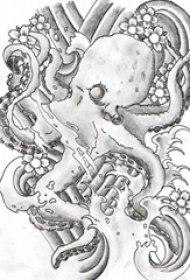 黑灰素描创意有趣动物章鱼纹身手稿