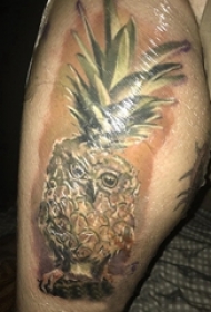男生大腿上彩绘彩绘简单线条菠萝猫头鹰纹身图片