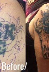 纹身覆盖 男生大臂上花朵和牛头纹身图片