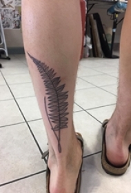纹身叶子图案 男生小腿上黑色的叶子纹身图片