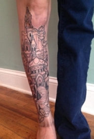 小腿对称纹身  男生小腿上黑色的建筑物纹身图片