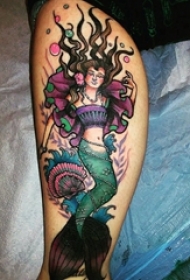 纹身美人鱼图案 女生小腿上美人鱼纹身图片