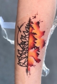 手臂纹身素材 男生手臂上彩色的树纹身图片