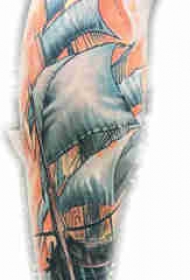 欧美小腿纹身 男生小腿上彩色的帆船纹身图片