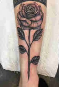 植物纹身 男生小腿上黑色的玫瑰纹身图片