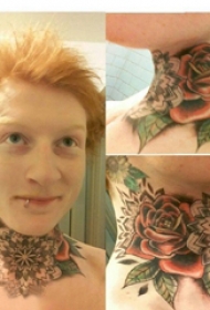 颈部纹身设计 男生颈部彩色的玫瑰纹身图片