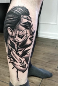 人物纹身图片 男生小腿上人物肖像纹身图片