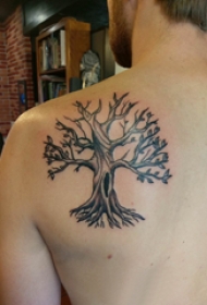 后背纹身男 男生后背上黑色的树纹身图片