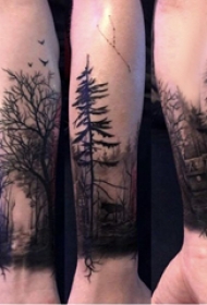 手臂纹身素材 男生手臂上建筑物和大树纹身图片
