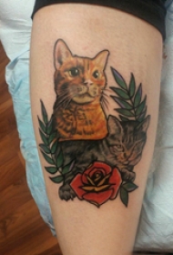 欧美小腿纹身 女生小腿上玫瑰花和猫咪纹身图片