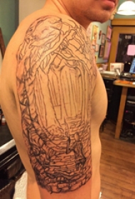 简单线条纹身 男生手臂上风景纹身图片