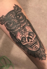 手臂纹身素材 男生手臂上骷髅和猫头鹰纹身图片