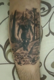 纹身黑色 男生小腿上黑色的人物肖像纹身图片