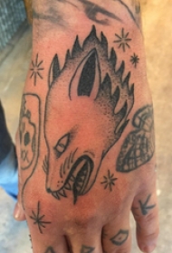 手背纹身 男生手背上黑色的狼头纹身图片