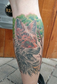小动物纹身 男生小腿上大树和狐狸纹身图片