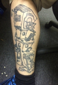 建筑物纹身 男生腿上黑色的建筑物纹身图片