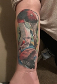 手臂纹身图片 男生手臂上彩色的仙鹤纹身图片