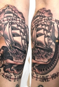 小腿对称纹身 男生小腿上美人鱼和帆船纹身图片