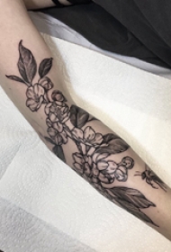 植物纹身 女生手臂上黑灰的植物纹身图片