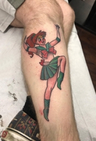美少女纹身图案 男生小腿上彩色的人物纹身图片