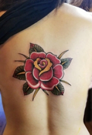 女生后背纹身图 女生后背上彩色的玫瑰纹身图片