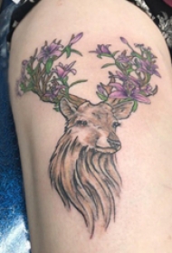 文艺鹿纹身 女生大腿上花朵和鹿纹身图片
