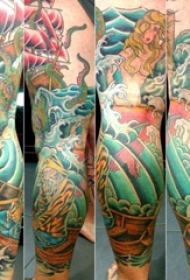 大海风景纹身  男生腿上彩绘的大海风景纹身图片