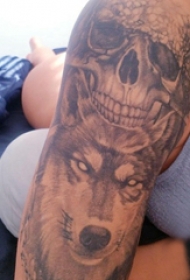 骷髅和狼纹身图案  男生手臂上骷髅和狼纹身图片