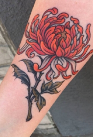 纹身菊花图案 女生手臂上彩色的菊花纹身图片