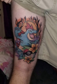卡通可爱纹身图案 男生大腿上花朵和卡通纹身图片