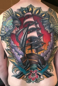 纹身小帆船  男生背上帆船和人物纹身图片