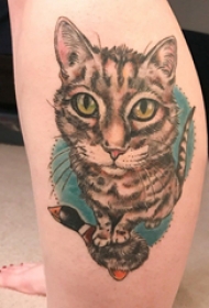 小猫咪纹身  女生小腿上彩绘的猫咪纹身图片