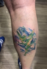 小精灵纹身勾线 男生小腿上彩色的精灵纹身图片