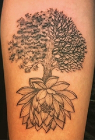 植物纹身 男生手臂上大树和莲花纹身图片
