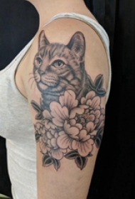 小猫咪纹身 女生大臂上花朵和猫咪纹身图片