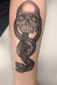 纹身黑色 男生手臂上蛇和骷髅纹身图片