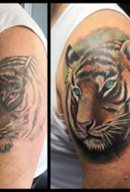 老虎头纹身图案  男生大腿上素描的老虎头纹身图片