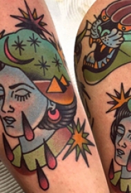 女孩人物纹身图案  女生手臂上人物和动物纹身图片