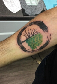植物纹身 男生手臂上圆形和大树纹身图片