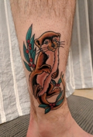 小动物纹身  男生小腿上鼹鼠和植物纹身图片