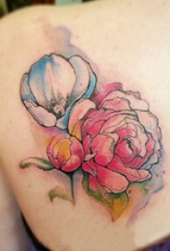泼墨纹身素材 女生后背上彩色的花朵纹身图片