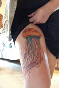 水母纹身图案 女生大腿上彩色的水母纹身图片